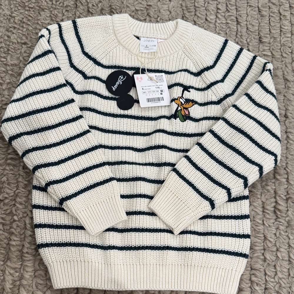 Zara Cream and Black Striped Crewneck Sweater